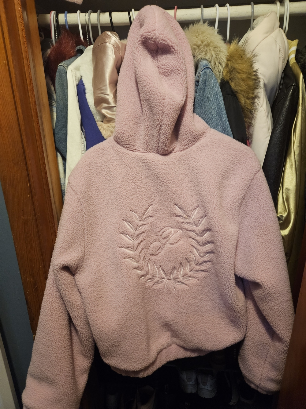 Victoria's Secret Pink Sherpa Hoodie with Embroidered Wreath